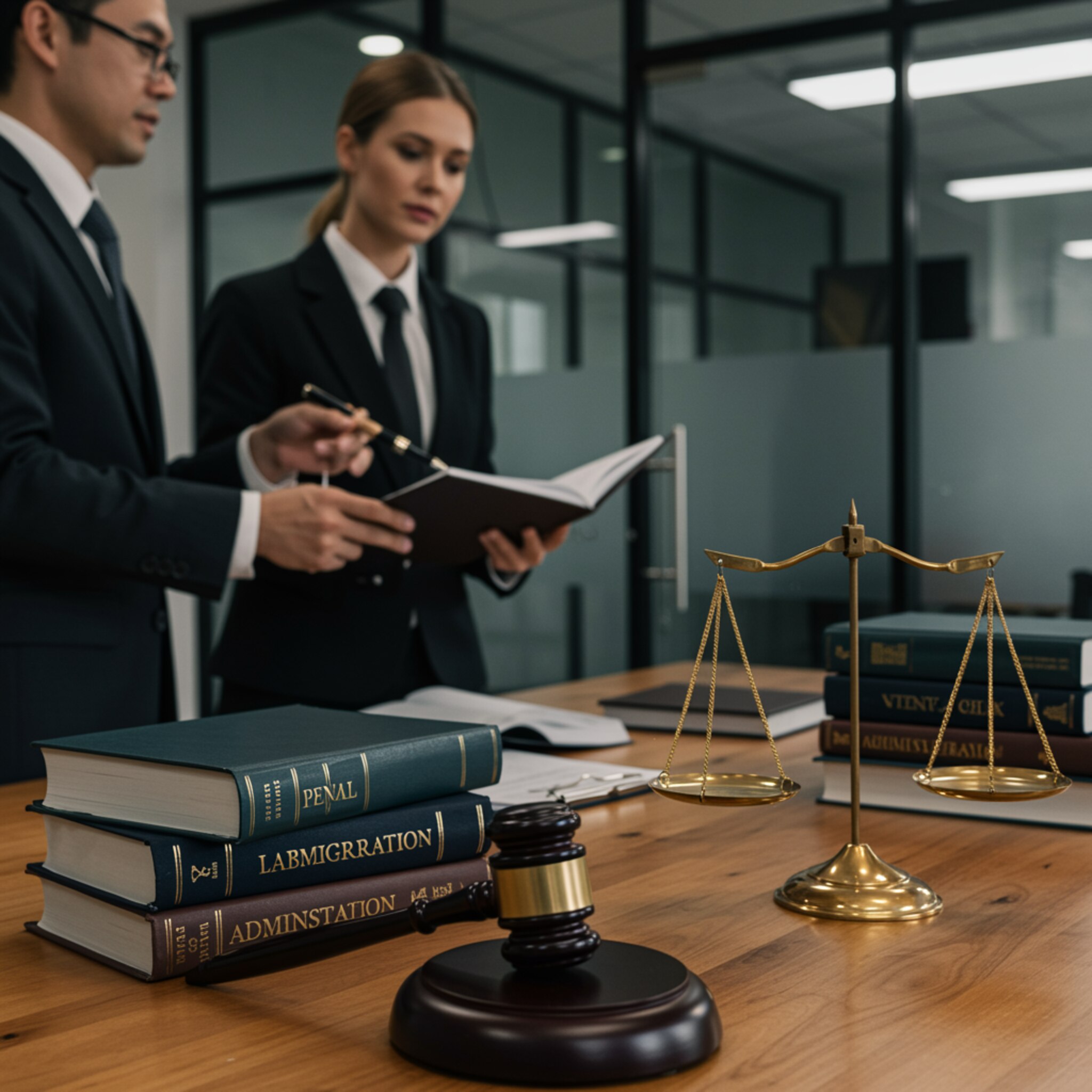 "Imagen de abogados colaborando en un entorno moderno con libros de derecho sobre diversas áreas legales y símbolos de justicia, reflejando la experiencia jurídica integral de la firma."